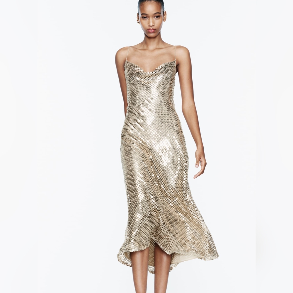 Zara Gold Sequin Slip Midi Dress
